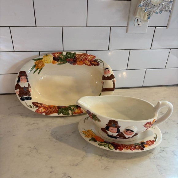 Publix Other - Publix The Pilgrim Pair Thanksgiving Serving Bowl Gravy Boat Platter Dish Plate